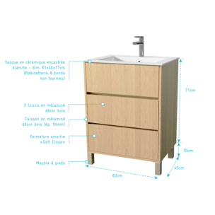 Pack Meuble Salle de Bains 60 cm Chêne Clair, 3 tiroirs avec Vasque Céramique - XENOS