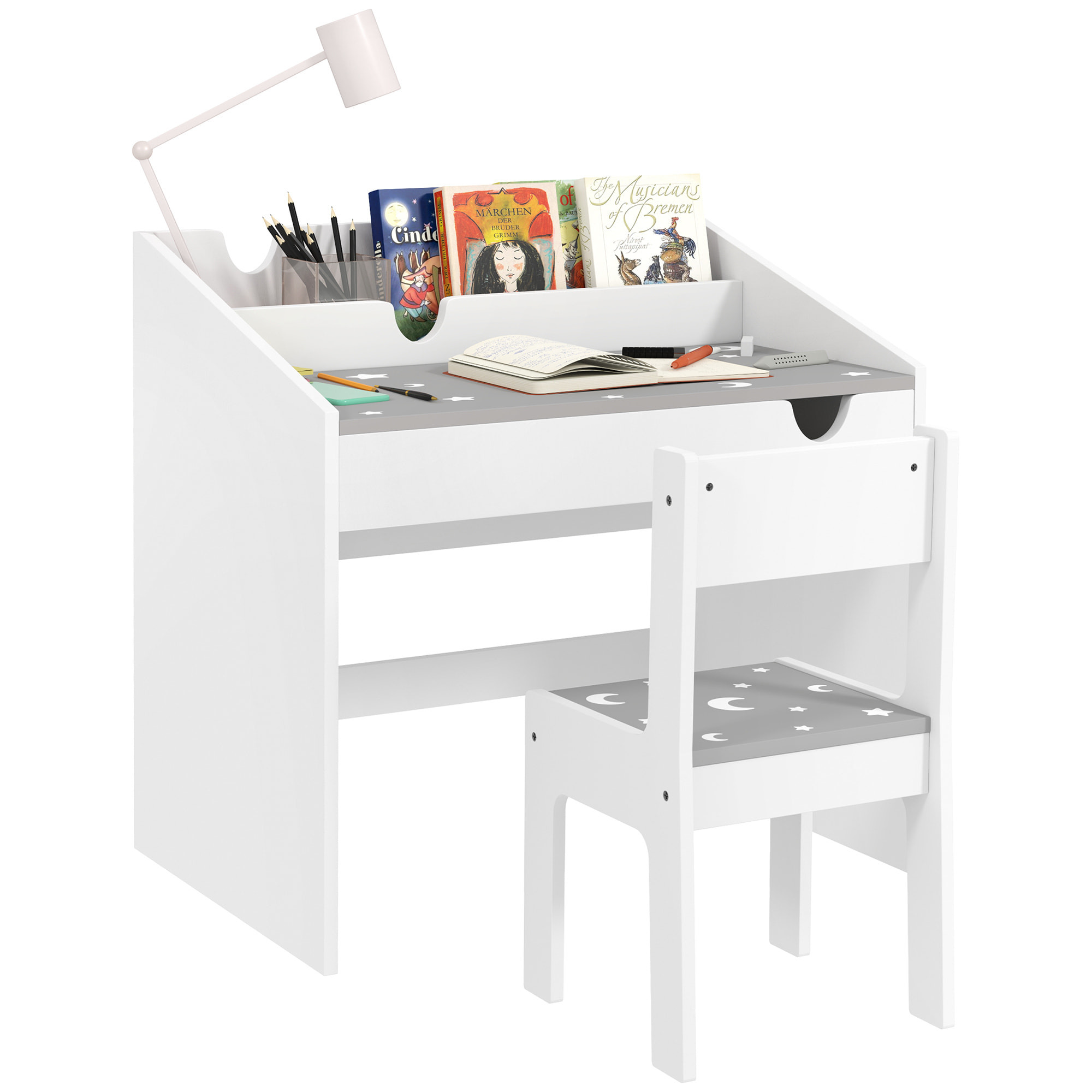 Juego de Escritorio y Silla para Niños de +3 Años Pupitre Infantil con Cajón Extraíble y Compartimento para Dormitorio Sala Estudio Gris y Blanco