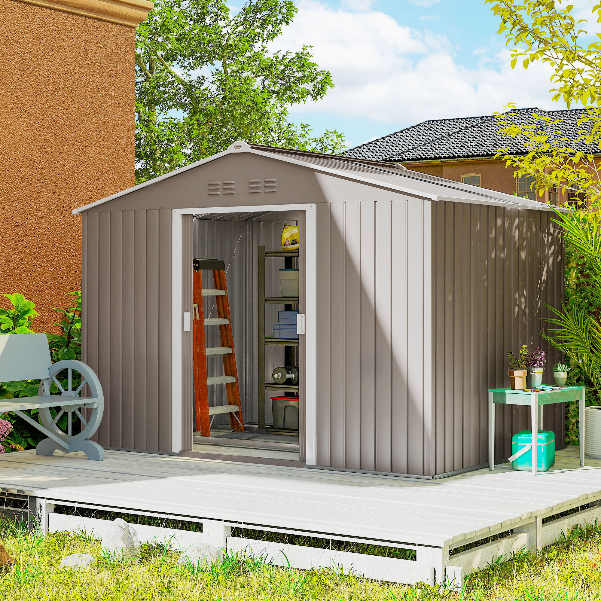 Caseta de Jardín Exterior, 4,9 m² 277x195x192 cm, Cobertizo de Jardín Exterior Metálico con Techo de Fibra de Vidrio, Puerta Corredera, Base Refuerzo (Suelo NO Incluido) y Ventanas Gris Claro
