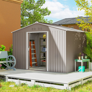 Caseta de Jardín Exterior, 4,9 m² 277x195x192 cm, Cobertizo de Jardín Exterior Metálico con Techo de Fibra de Vidrio, Puerta Corredera, Base Refuerzo (Suelo NO Incluido) y Ventanas Gris Claro