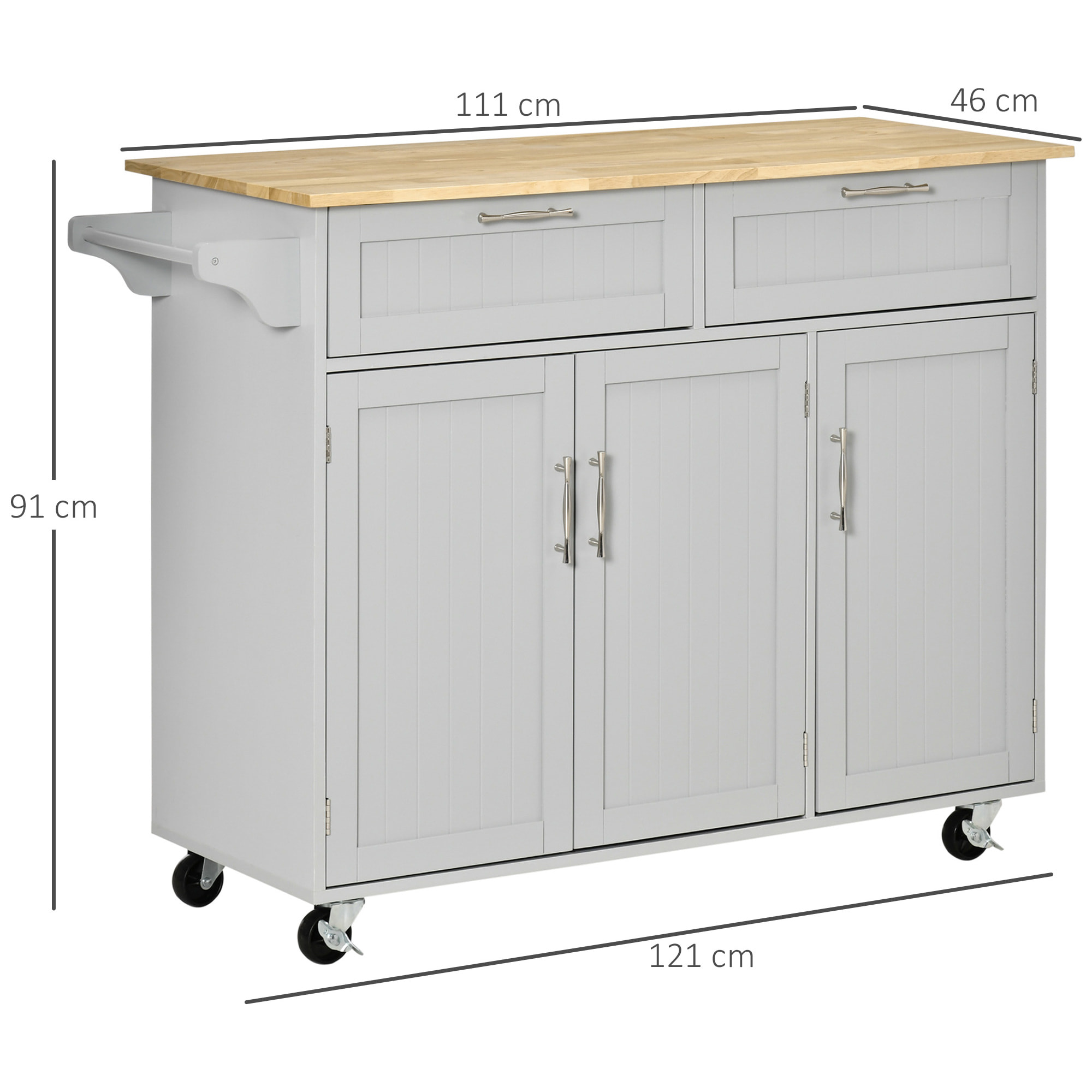 Isla de Cocina Carro de Cocina con Ruedas Carrito de Servicio Multiusos con 2 Cajones 3 Puertas Estantes Ajustables y Barra Colgante para Comedor 121x46x91 cm Gris