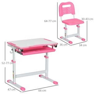 HOMCOM Banco Scuola per Bambini 6-12 Anni con Sedia e Altezza Regolabile, Piano Inclinabile, 66x47x52-77 cm, Rosa