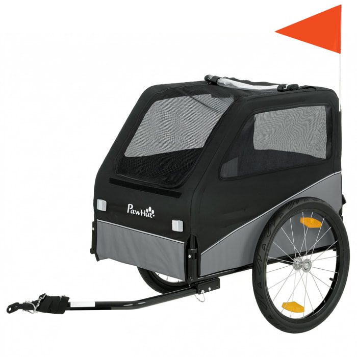Remorque vélo chien pliable attache universelle pneus 20" réflecteurs drapeau harnais gris