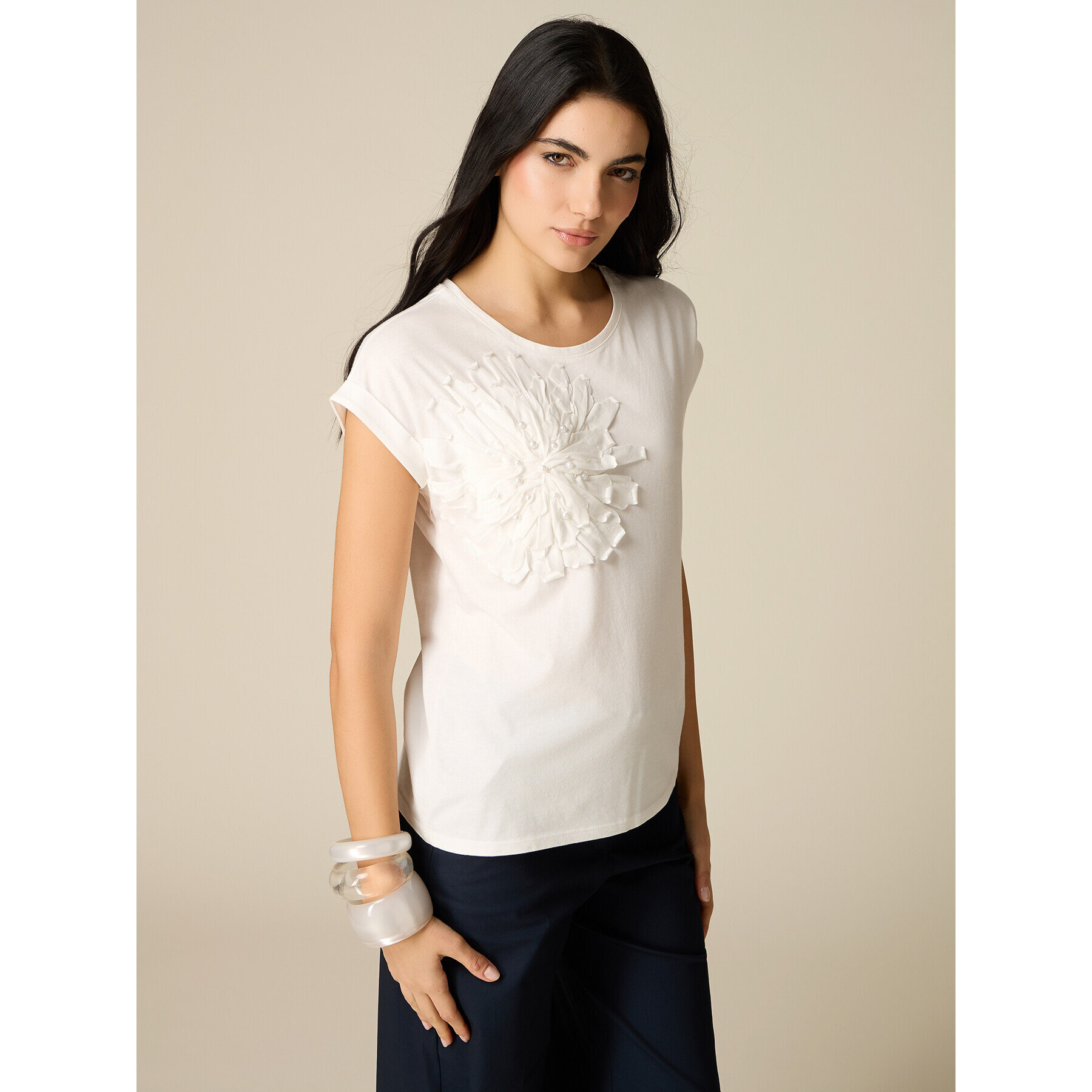 Oltre - Camiseta con aplicación y perlas - Blanco