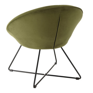 AGATHE - Fauteuil tissu velours vert olive pieds croisés métal noir