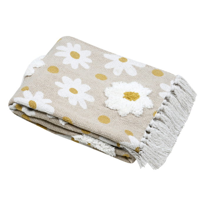 Plaid décoratif imprimé marguerites en polycoton - Naturel