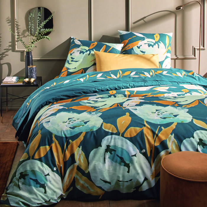 Parure de couette 100% coton 57 fils à motifs floral - ton bleu vert