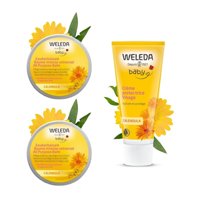 WELEDA - DUO rituel Douceur - Baume intense universel au calendula + Crème protectrice visage au calendula - Protection peau de bébé- contre irritations - Certifié Natrue *- Pot 25g et Tube 50 ml