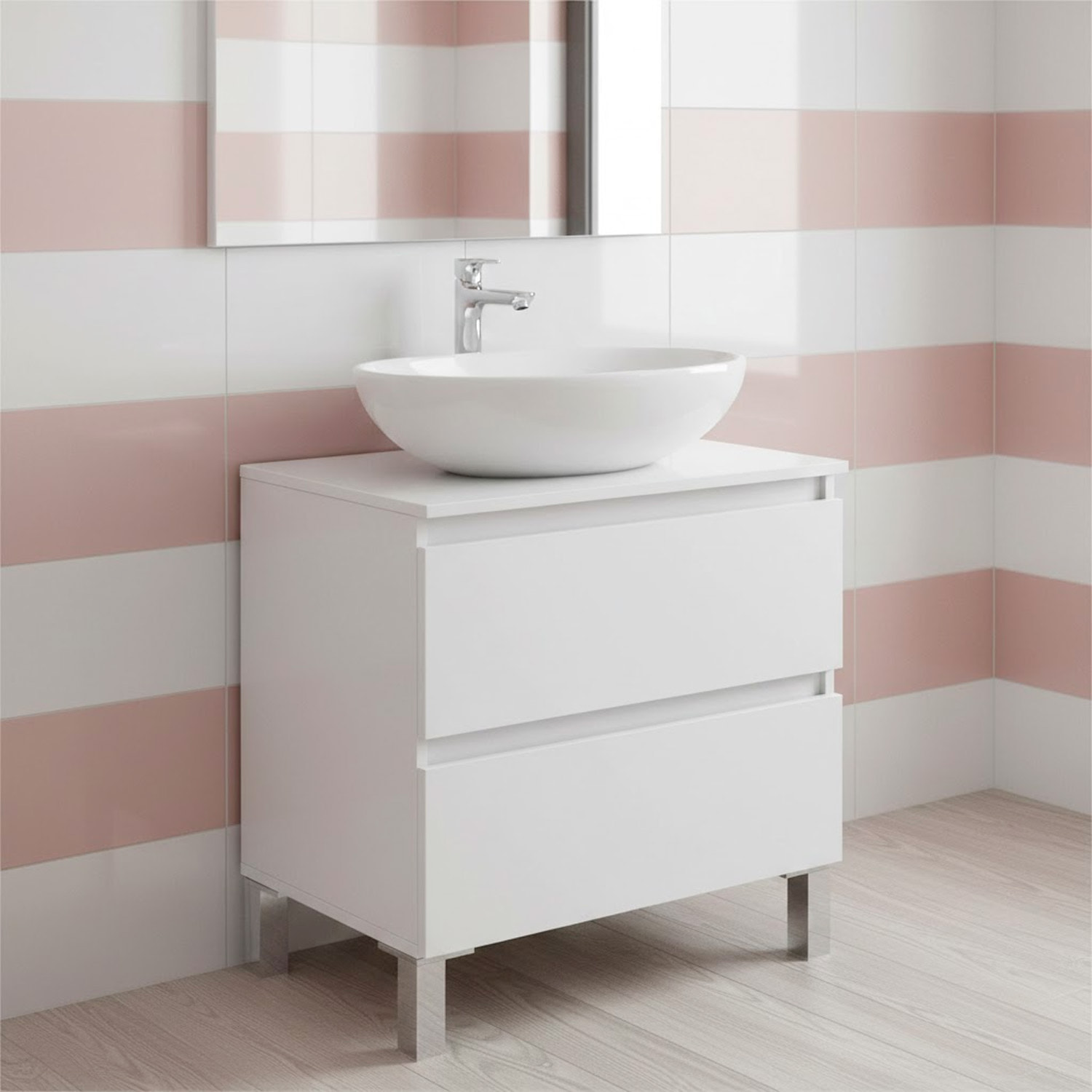 Mobile Bagno Sotto Lavabo Da Appoggio 2 Cassetti Salvaspazio Con Guide Metalliche E Gambe In Alluminio Design Moderno 63.5 x 60 x 40 Cm Bianco Lucido
