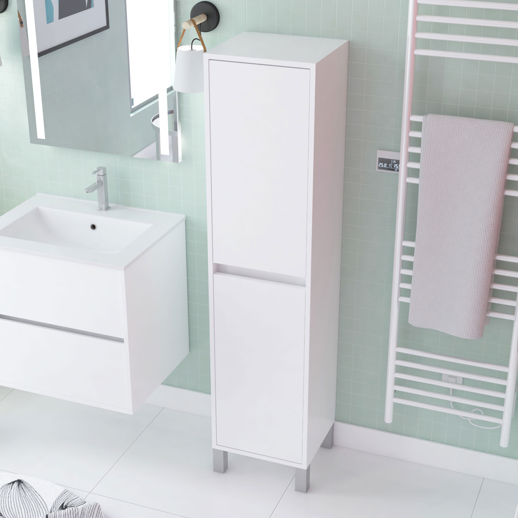 Colonne de rangement Blanc Laqué sur Pieds - Hauteur 160 cm - 2 Portes - XENOS