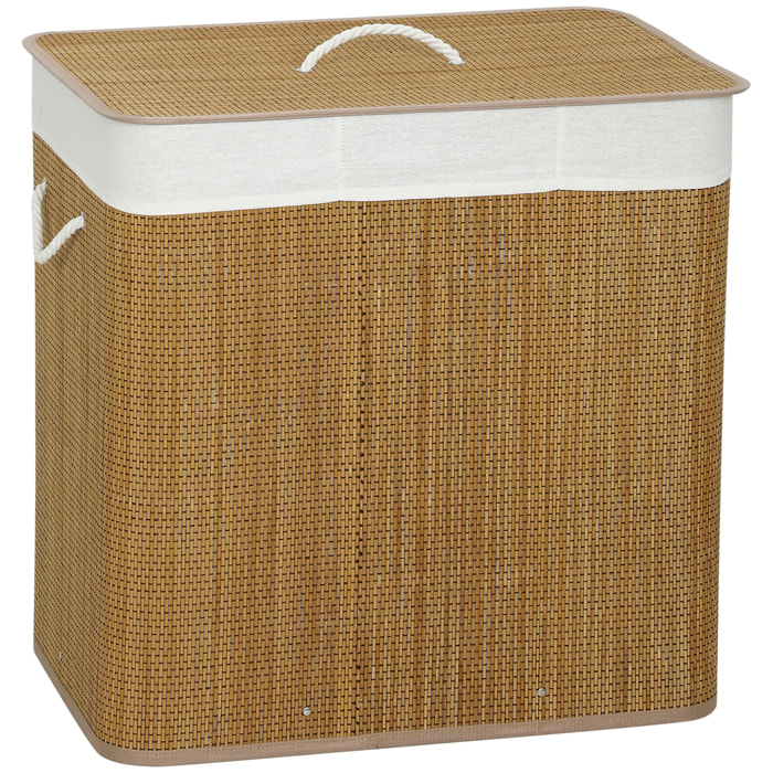 Panier à linge double 144L - corbeille à linge avec couvercle et poignées - tissage bambou naturel