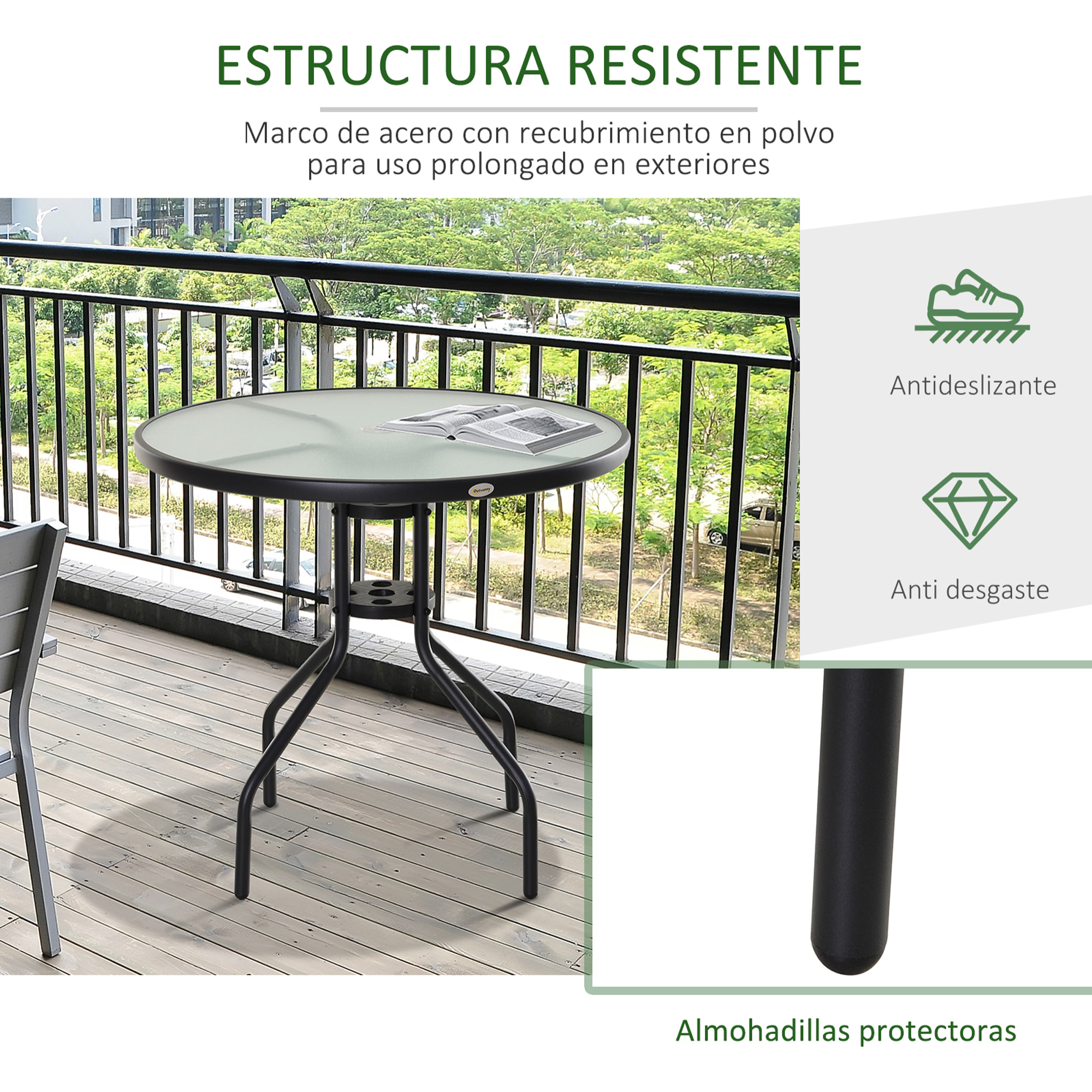 Mesa de Jardín Redonda Mesa Comedor de Cristal Templado con Agujero para Sombrilla y Estructura Metálica para Patio Terraza Balcón Exterior Ø80x72 cm Negro