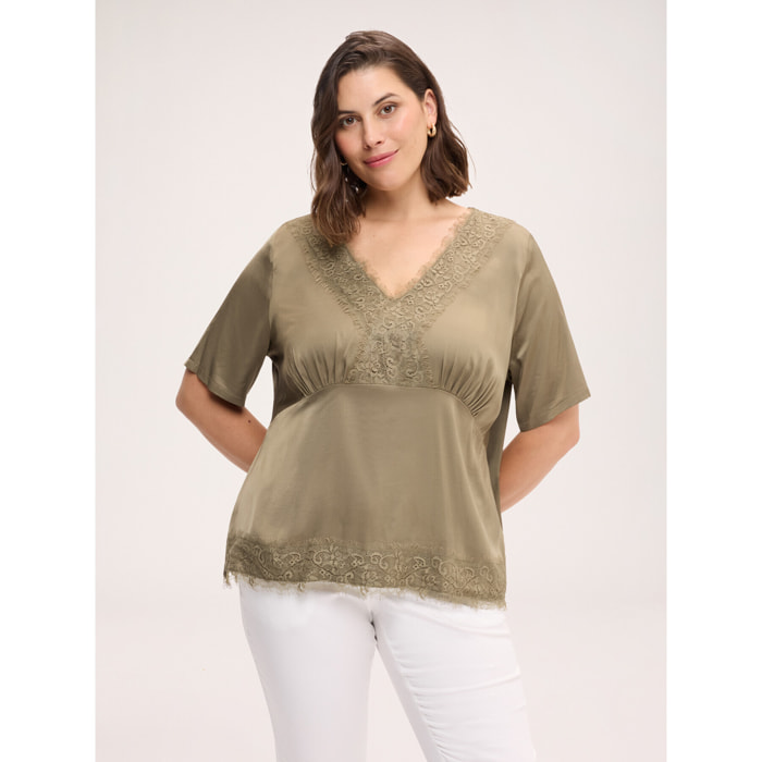 Fiorella Rubino - Blusa in raso con dettagli in pizzo - Verde militare