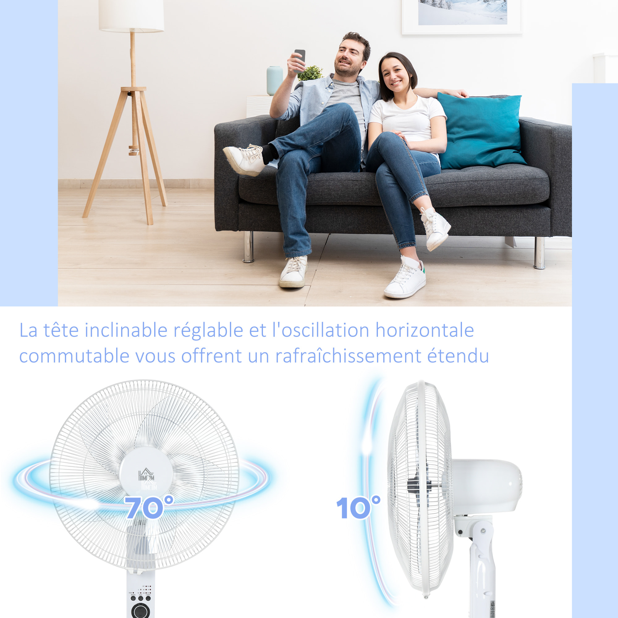 Ventilateur sur pied Ø 44 cm hauteur réglable oscillant silencieux 45 W avec télécommande minuterie 3 modes 3 vitesses blanc