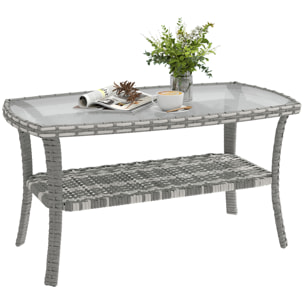 Mesa de Jardín Exterior de Ratán con Estante, Mesita Auxiliar de Jardín Rectangular, Tablero de Vidrio Templado con Ondas, Estructura de Acero, para Terraza, Patio, 90x50x45 cm, Gris Oscuro
