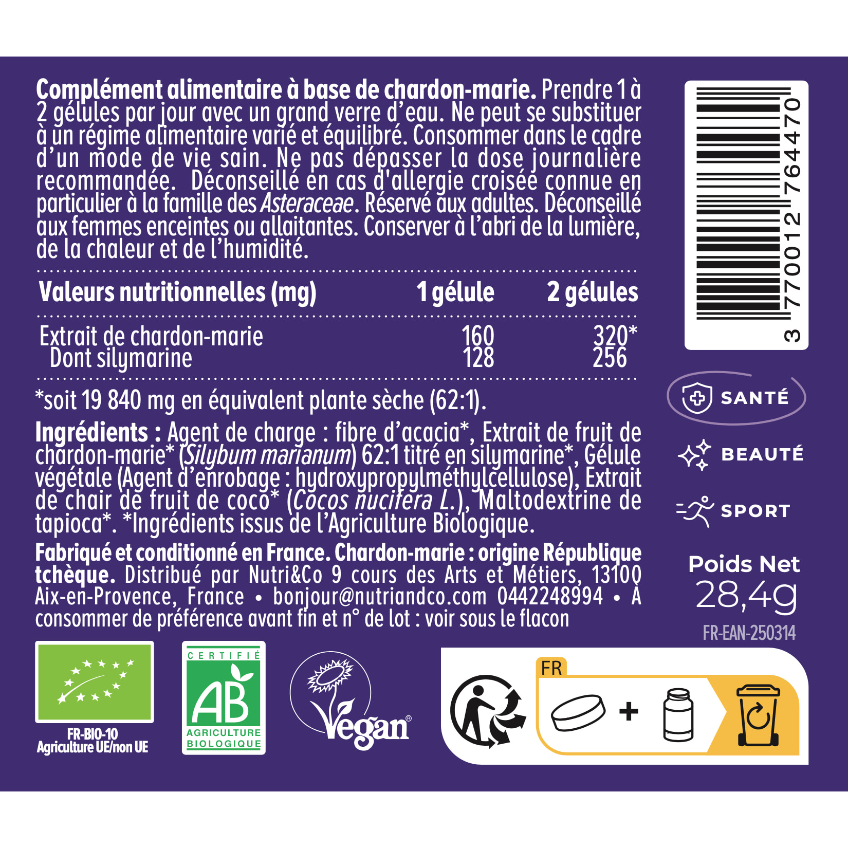 Nutri&Co Chardon-Marie BIO Détox Foie Colon Intestins - 60 gélules