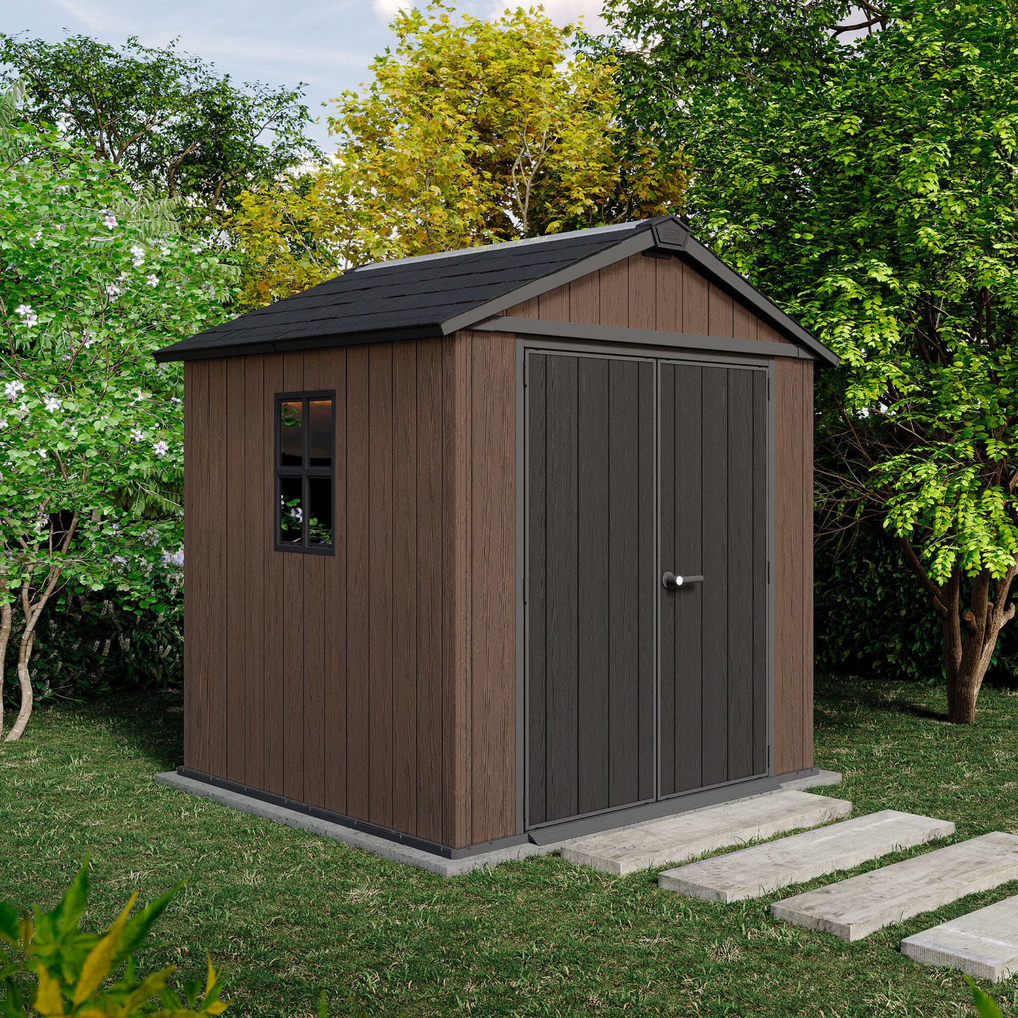 Newton + 757/775 - Casetta da Giardino 223x246x230 cm 2 Ante per deposito attrezzi finitura effetto legno Evotech+ in Resina Marrone e Nero