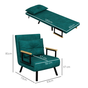 Sofá Cama de 1 Plaza 4 en 1, Sofá Cama Plegable Tapizado en Terciopelo con Respaldo Ajustable de 5 Niveles y Almohada Acolchada, para Oficina, Dormitorio, Salón, 63x73x81 cm, Verde