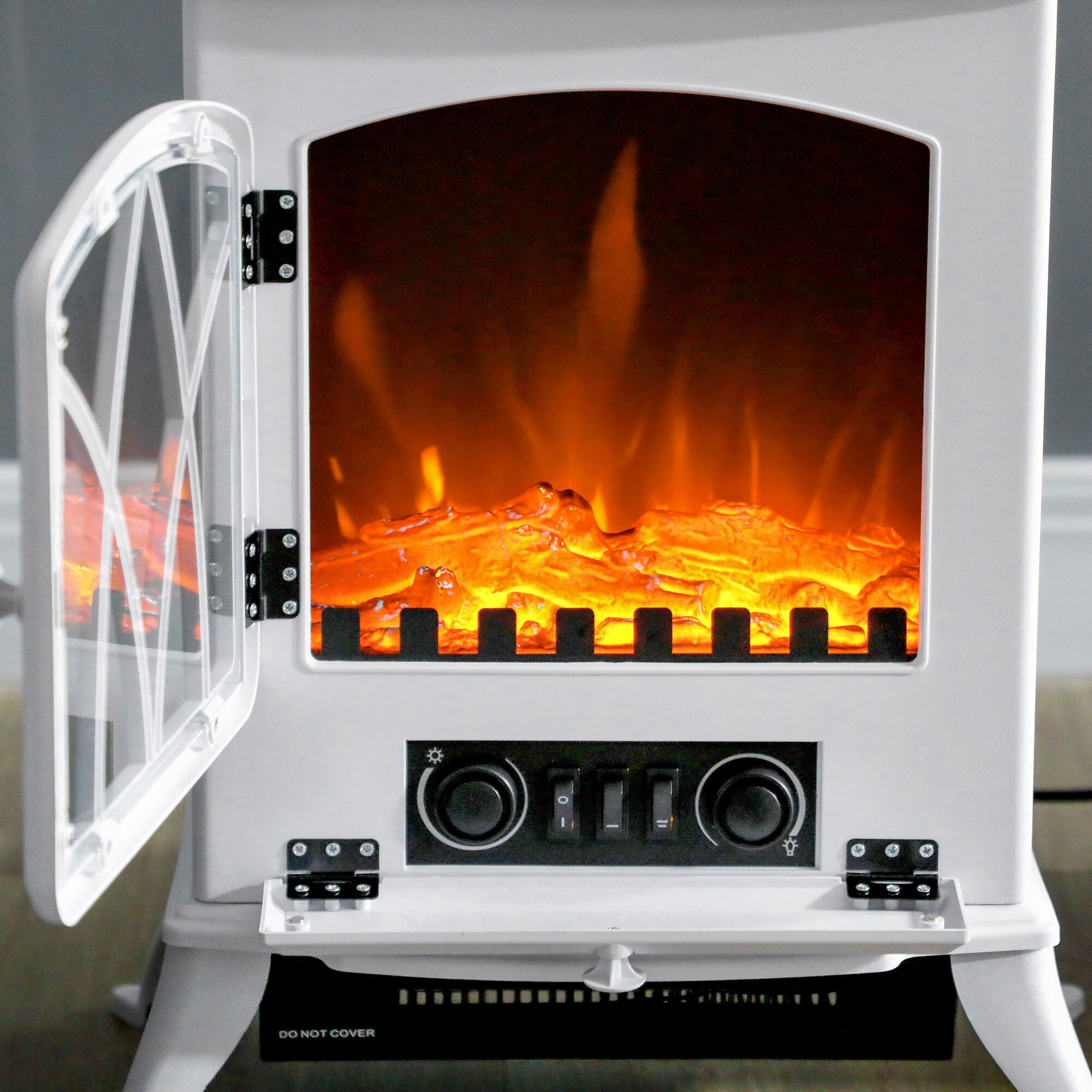 Chimenea Eléctrica 1000W/2000W Chimenea Decorativa con Ventana Efecto de Llama Brillo Ajustable y Protección Sobrecalentamiento para 15-30 ãŽ¡ 45x28,5x54 cm Blanco