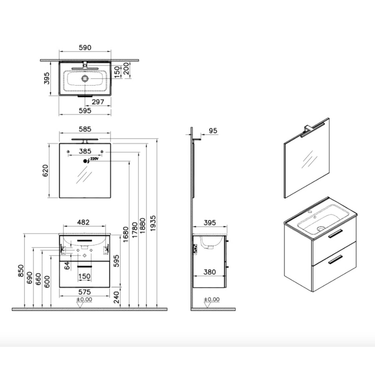 Mia ensemble meuble préassemblé 59x61x39,5 cm avec miroir, lavabo et éclairage LED, Blanc brillant (MIASET60B)