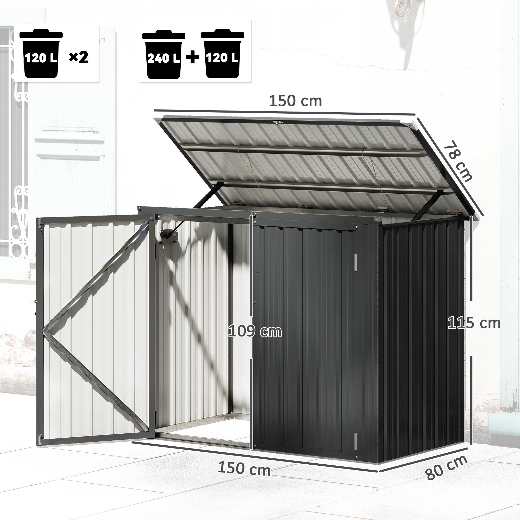 Cobertizo para Contenedor de Basura Doble, Caseta para Cubo de Basura de 240L de Acero Galvanizado con Tapa Abatible y Puertas con Cerradura, para Jardín, Exterior, 150x80x117 cm, Gris Oscuro