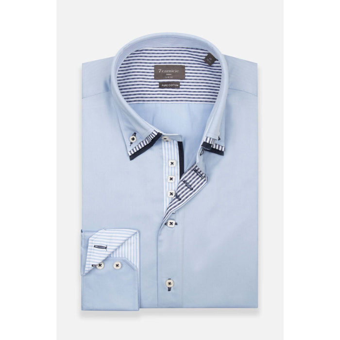 Camicia Uomo 2 Bottoni Button Down Triplo Collo Slim Satin Unito Celeste