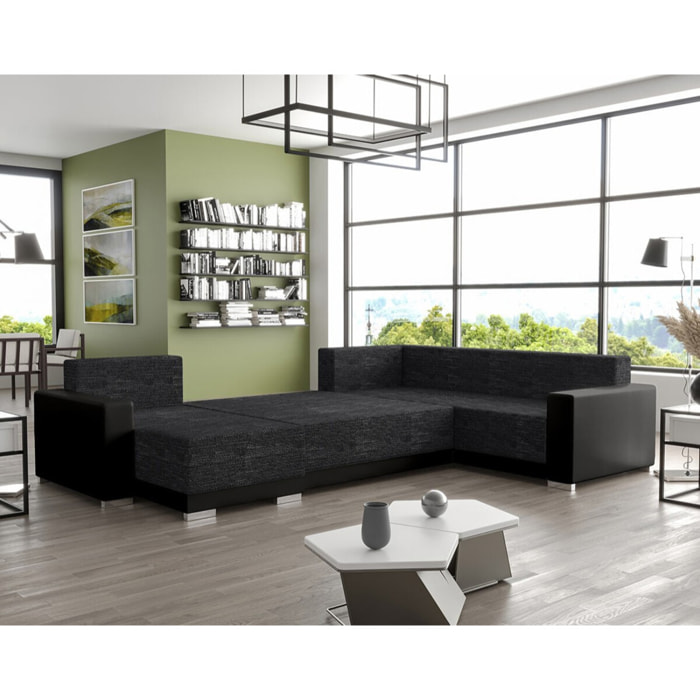 Roger - Canapé panoramique d'angle réversible 7 places convertible avec coffre en tissu - Gris Anthracite