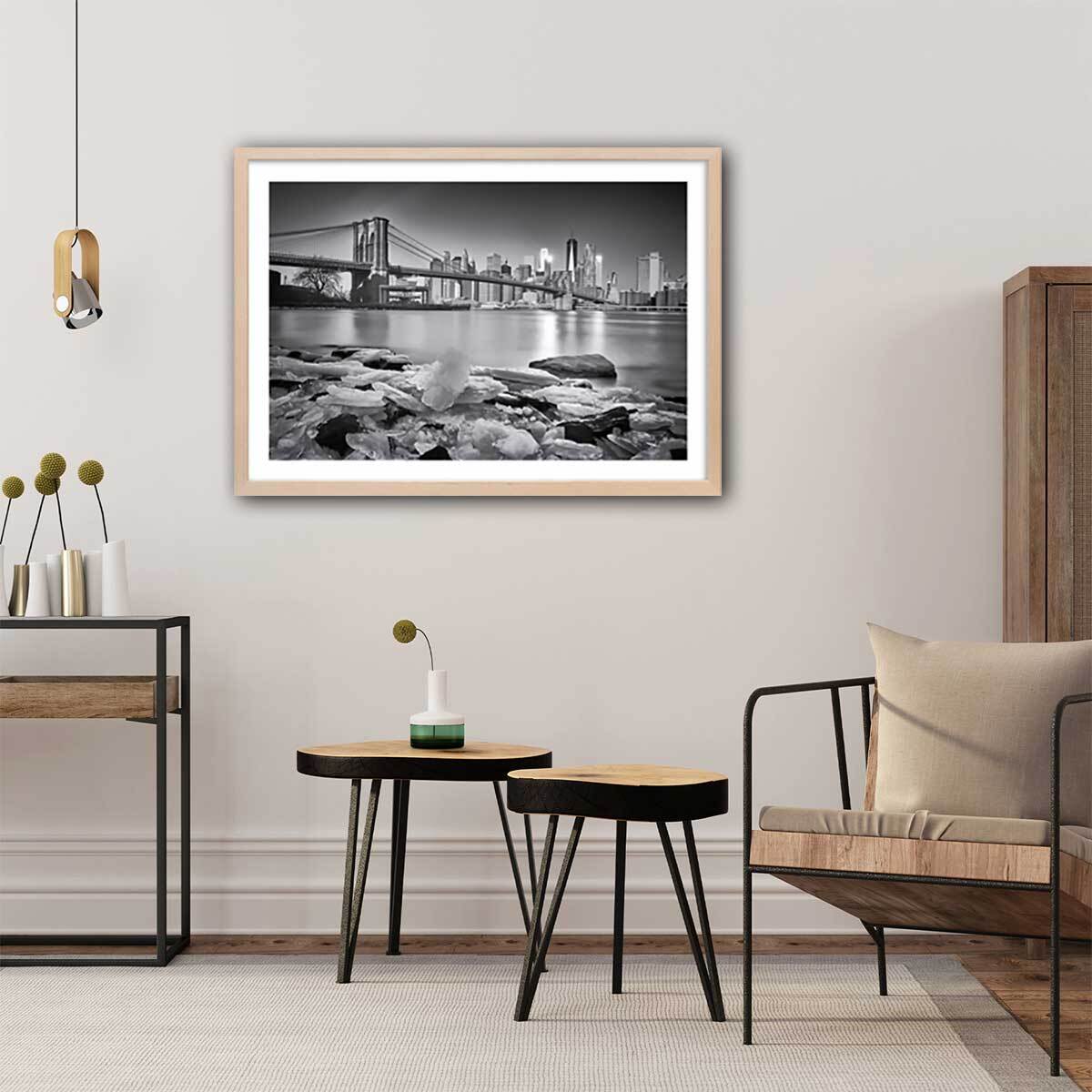 Poster le pont et manhattan Affiche + cadre en bois - Chêne