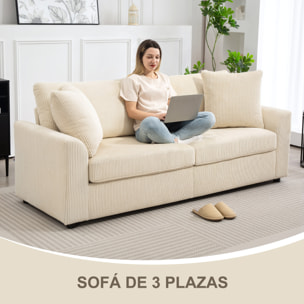 Sofá de 3 Plazas Sofá de Salón 212x80x88 cm Tapizado en Pana con 2 Almohadas Reposabrazos y Cojín de Muelles Diseño Moderno para Sala de Estar Dormitorio Crema