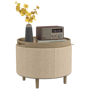 Pouf repose-pied tabouret avec coffre de rangement - plateau réversible - pieds bois tissu aspect lin beige