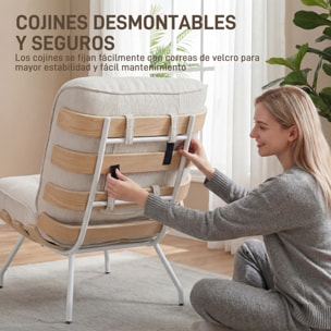 Butaca de Salón, Tapizado en Lino, Sillón Lectura con Asiento Acolchado, Soporte con Listones, Estructura de Acero, Butaca para Sala de Estar, Dormitorio, Crema