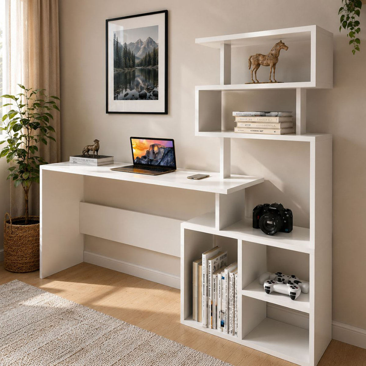 Bureau 190 cm avec étagères de rangement blanc ROPA