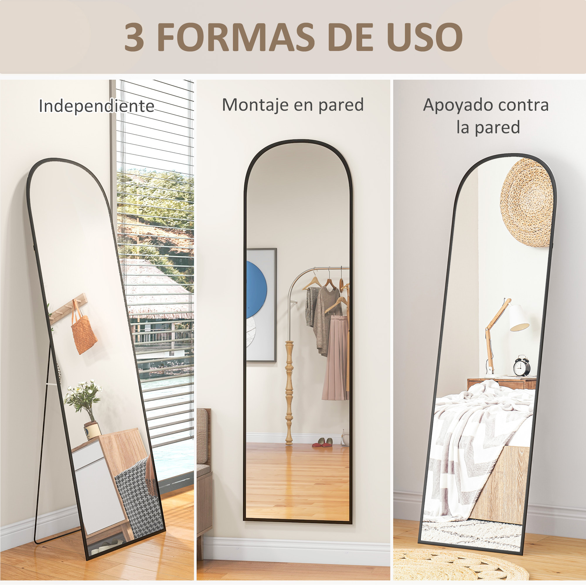 Espejo de Cuerpo Entero Espejo de Pie 50x170 cm Independiente o Pared con Marco de Aleación de Aluminio y Soporte para Sala Dormitorio Baño Dorado