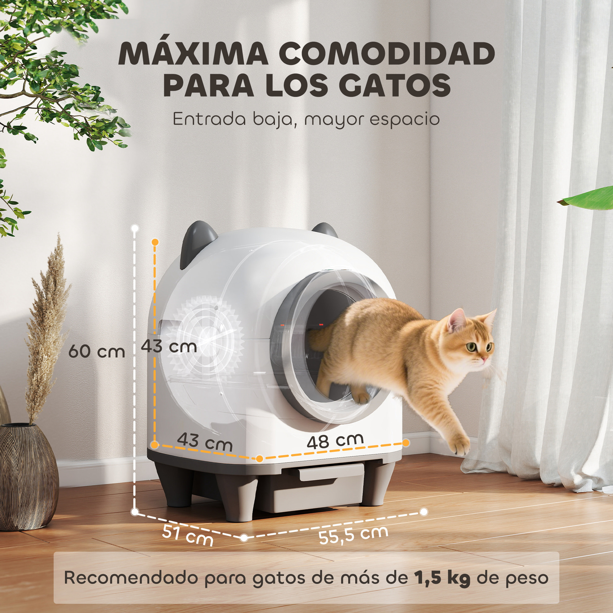 Arenero Gatos Autolimpiable 80L Arenero Autolimpiable Eliminación de Olores Control de APP Protección de Seguridad 1 Rollo de Bolsas de Basura