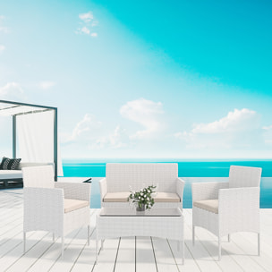 Set Di Mobili da Giardino Salotto Salottino in Rattan 4 Posti con Tavolino Ripiano In Vetro 2 Poltrone Divano 2 Posti Giardino Esterno Piscina Bianco