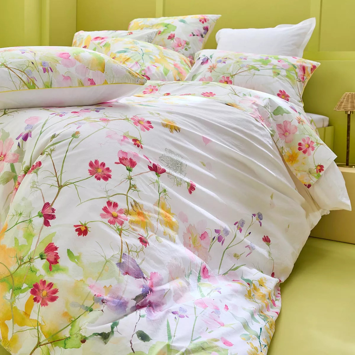 Housse de couette percale de coton lavé 115 g/m² imprimé rose vert Souffle fleuri printemps