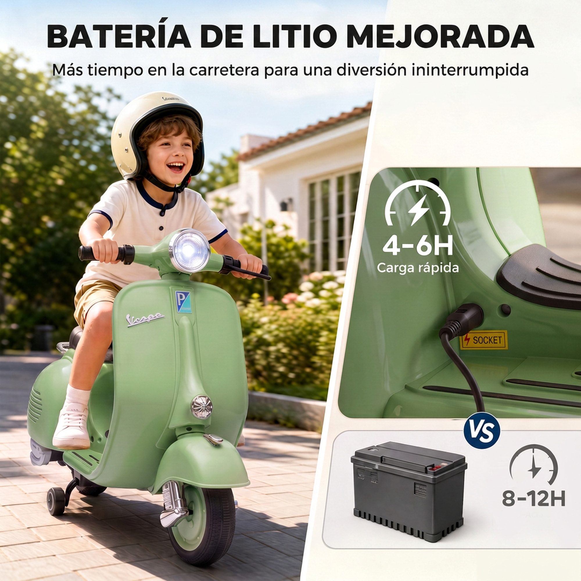 Moto Eléctrica para Niños Licencia VESPA 6V, Moto Eléctrica Infantil con Arranque Suave, Ruedines Desmontables, Luz Delantera, Música, Bocina, USB, Avance, Atrás, para Niños de +3 Años, Verde