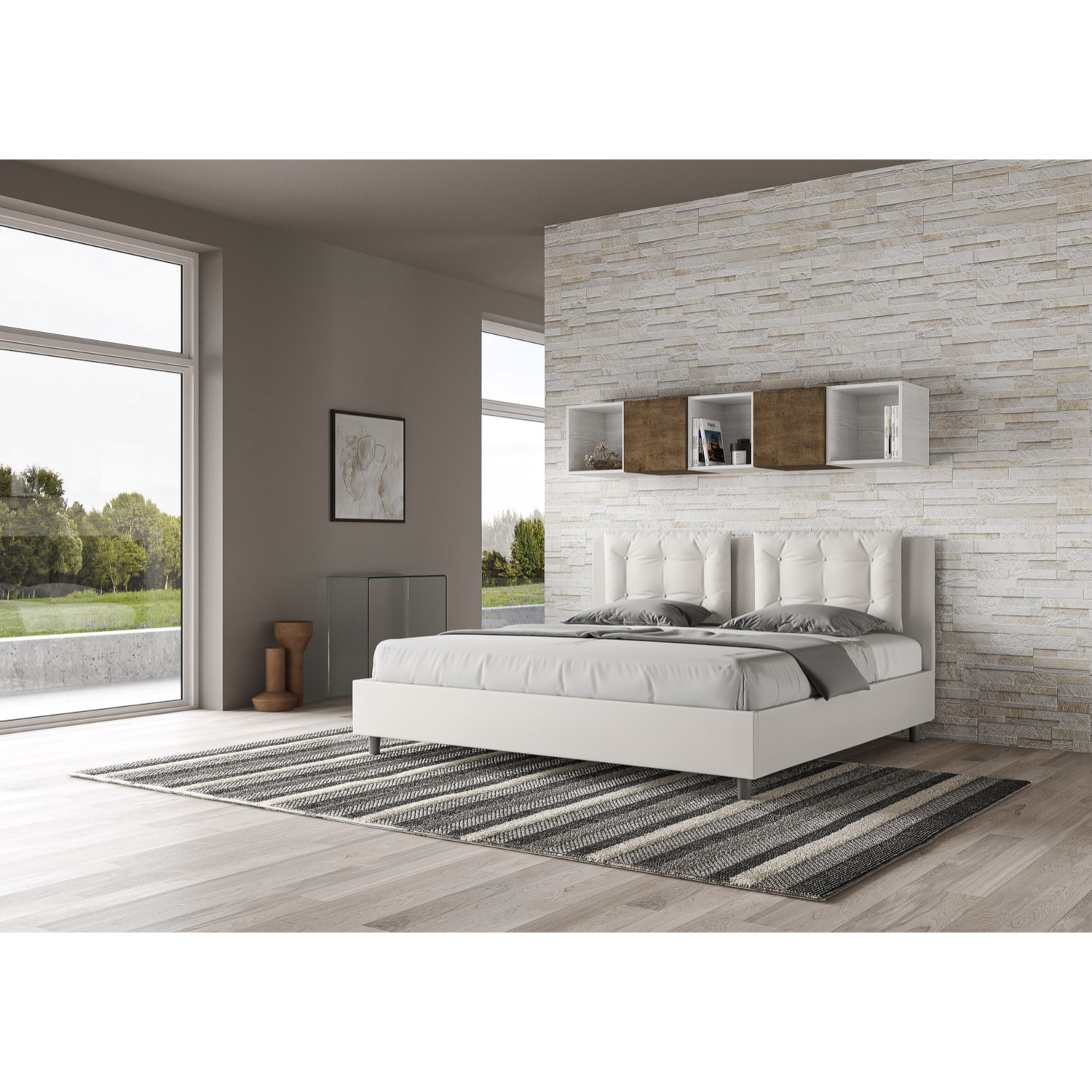 Lit king size sans sommier rembourré 200x210 similicuir blanc Annalisa