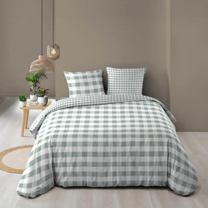 Parure de lit 3 pièces en coton à carreaux housse + taies - Sauge