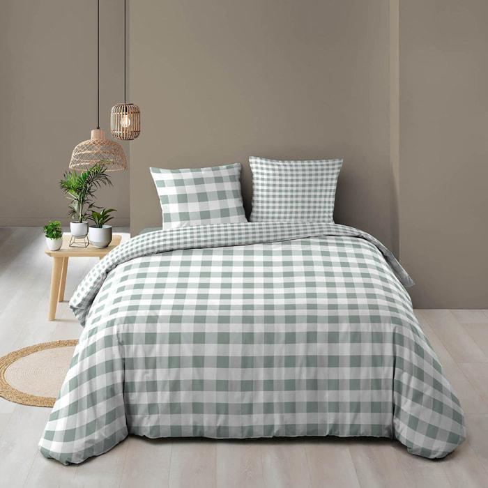 Parure de lit 3 pièces en coton à carreaux housse + taies - Sauge