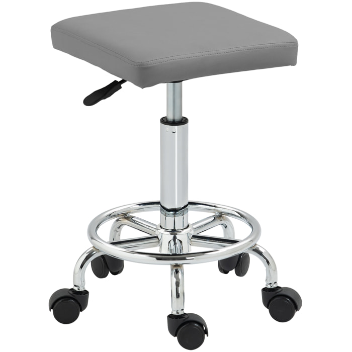 Taburete Giratorio Taburete con Ruedas Altura Regulable 50-66 cm Asiento Tapizado de Cuero Sintético Reposapiés para Salones y Talleres Gris