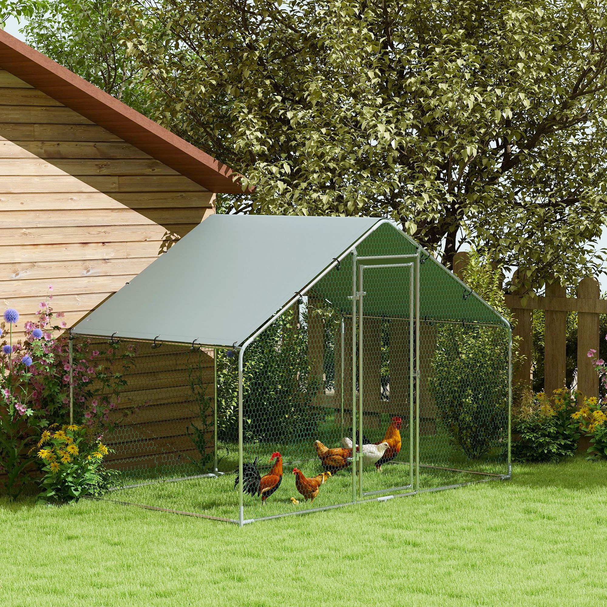 Gallinero para Exterior Gallinero de Acero Galvanizado con Cubierta Anti-UV e Impermeable Jaula para 5-8 Gallinas Plata