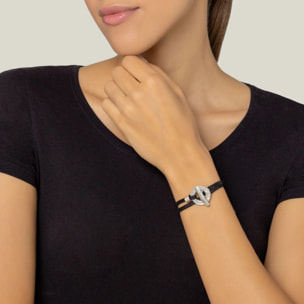 Pulsera piel negro cierre aro plata chapado