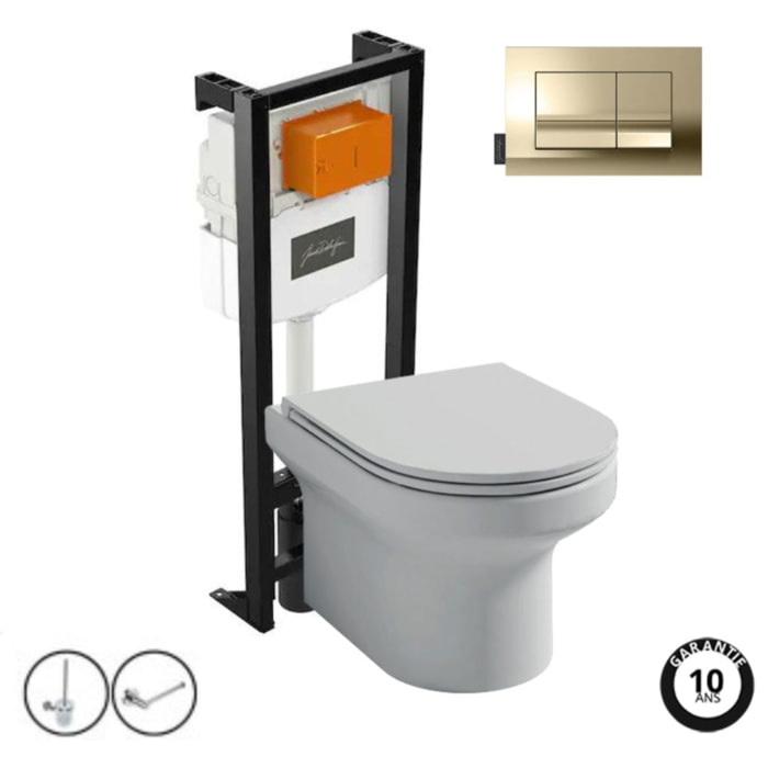 Pack WC suspendu sans bride  Elite + bâti-support + plaque Or Beige + accessoires