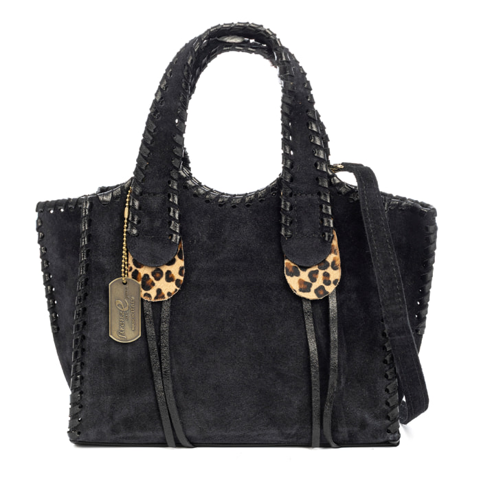 Avio borsa a mano donna. Pelle autentica Camoscio con cucitura decorativa in pelle autentica lucida.