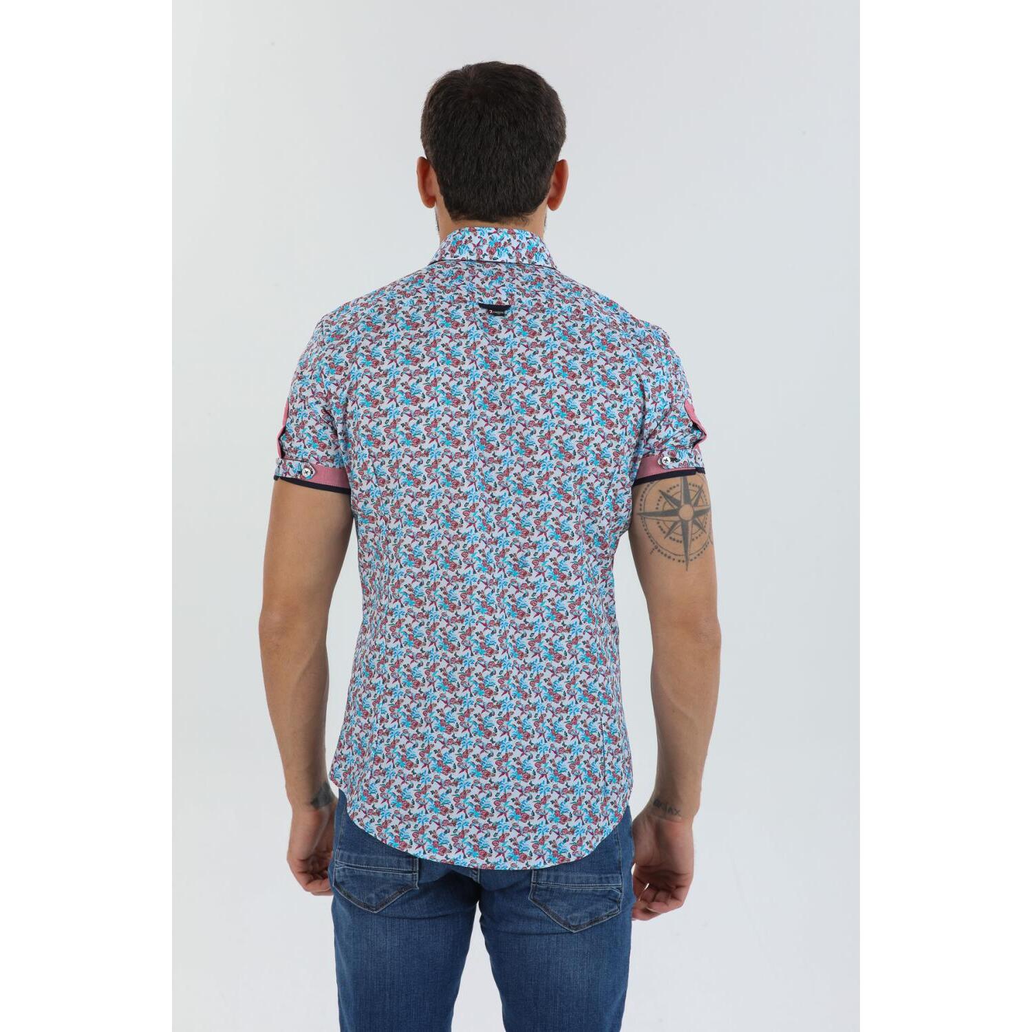 Camicia Uomo Manica Corta 2 Bottoni Button Down 7 Botto Popeline Stampato Celeste e Rosso