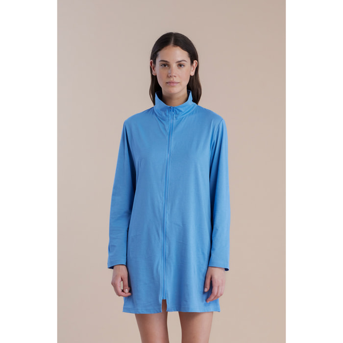 Vestaglia donna in cotone manica lunga con chiusura zip in colore azzurro Noidinotte
