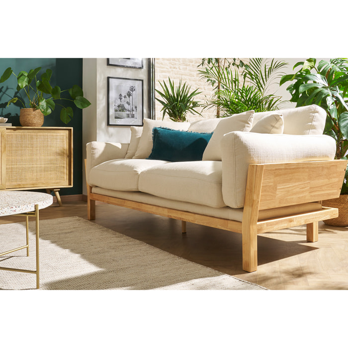 Canapé scandinave déhoussable 3 places en tissu blanc crème et bois clair KYO