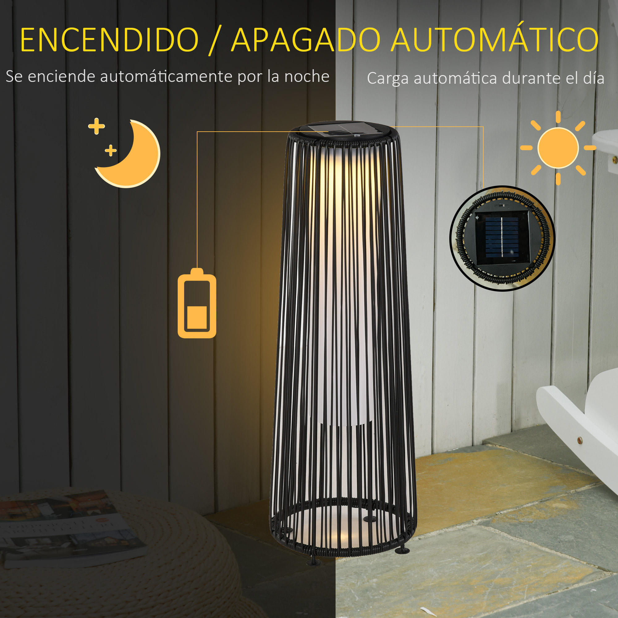 Lámpara de Pie Ratán PE de Energía Solar con Control Luz Automático Ø21,5x61 cm