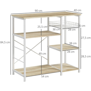 Estantería de Cocina Moderna Estante de Cocina con 1 Cesta 4 Ganchos en S 6 Almohadillas de Pie Ajustables y Estantes 90x40x84,5 cm Roble y Blanco